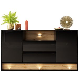 Czarna komoda. Image 160 cm, 2 szuflady, 2 drzwi, z wstawką dąb wotan i oświetleniem. LED 