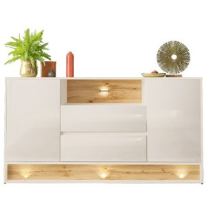 Biała komoda. Image 160 cm, 2 szuflady, 2 drzwi, z wstawką dąb wotan i oświetleniem. LED 