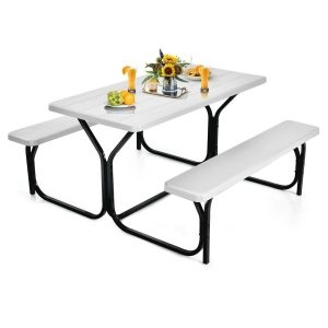 Stół piknikowy do ogrodu z ławką biały