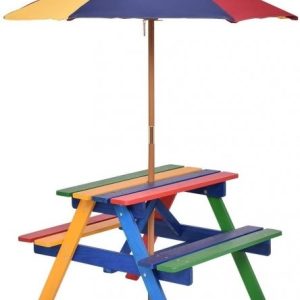 Stół piknikowy z ławkami i parasolem dla dzieci