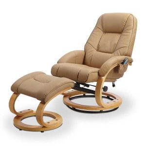 Fotel rozkładany z funkcją masażu i podgrzewania. Matador, ekoskóra beżowa, drewno gięte