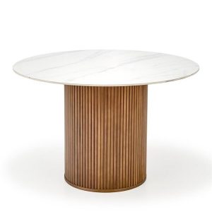 Stół okrągły. Bruno 120 x 76 cm, blat ceramika biały marmur, podstawa drewno lite kolor orzechowy