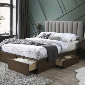 Łóżko tapicerowane. Gorashi z szufladami 160 x 200 cm, tkanina popielata, drewno lite kauczukowe orzech
