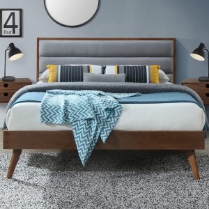 Łóżko tapicerowane. Orlando 160x200 cm, tkanina popielata, drewno lite kauczukowe orzech