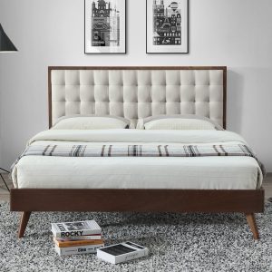 Łóżko tapicerowane. Solomo 160x200 cm, tkanina beżowa, drewno lite kauczukowe orzech