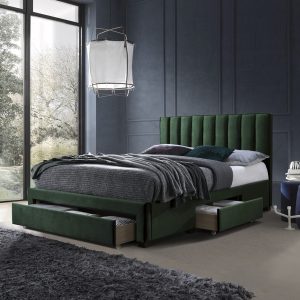 Łóżko tapicerowane. Grace 160x200 cm, tkanina ciemno zielona, drewno lite kauczukowe