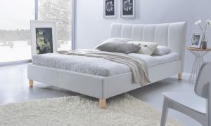 Łóżko tapicerowane. Sandy 160x200 cm, ekoskóra biała, nóżki bukowe