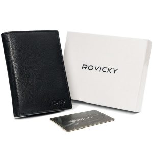 Zgrabny portfel męski ze skóry naturalnej, czarny, ochrona. RFID - Rovicky