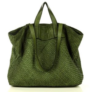 Torba damska pleciona shopper & shoulder leather bag - MARCO MAZZINI zielony militare