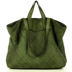 Torba damska pleciona shopper & shoulder leather bag - MARCO MAZZINI zielony militare