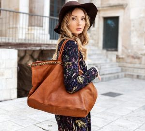 Duża torebka skórzana oversize style shopper bag - MARCO MAZZINI brąz camel