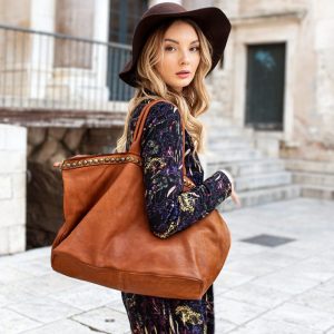 Duża torebka skórzana oversize style shopper bag - MARCO MAZZINI brąz camel