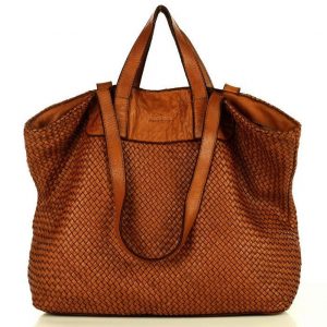 Torba damska pleciona shopper & shoulder leather bag - MARCO MAZZINI brąz karmel