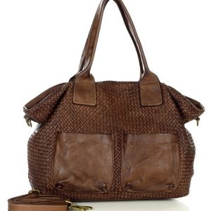 Klasyczna torebka shopper z kieszeniami pleciona skóra handmade - MARCO MAZZINI brąz