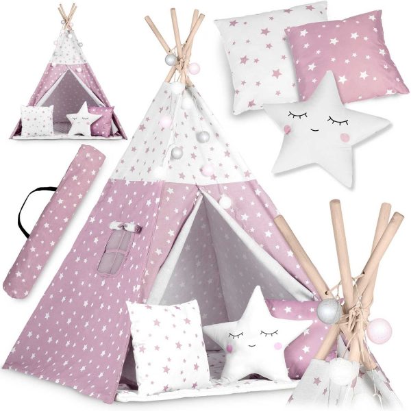 Namiot tipi dla dzieci, ze światełkami, Nukido, 120x120x165 cm, różowy w gwiazdki