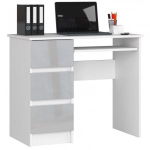 Biurko komputerowe, szuflady, lewe, 90x50x77 cm, biel, metalik, połysk