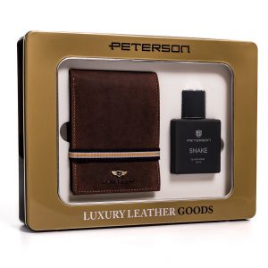 Zestaw prezentowy: brązowy, skórzany portfel męski i woda toaletowa — Peterson