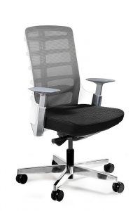 Fotel biurowy, krzesło obrotowe, Spinelly. M, biały, czarna skóra naturalna