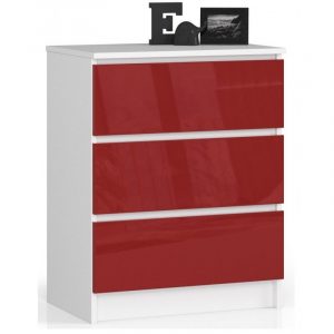 Komoda do sypialni, 3 szuflady, 60x40x77 cm, biel, czerwony, połysk