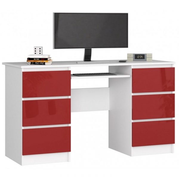 Biurko komputerowe, szuflady, 135x50x77 cm, biel, czerwony, połysk
