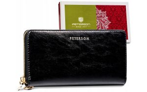 Duży skórzany portfel damski typu piórnik z paskiem na nadgarstek - Peterson
