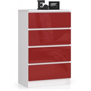 Komoda do sypialni, 4 szuflady, 60x40x99 cm, biel, czerwony, połysk