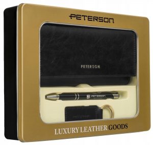 Zestaw prezentowy: skórzany portfel damski, brelok i długopis — Peterson