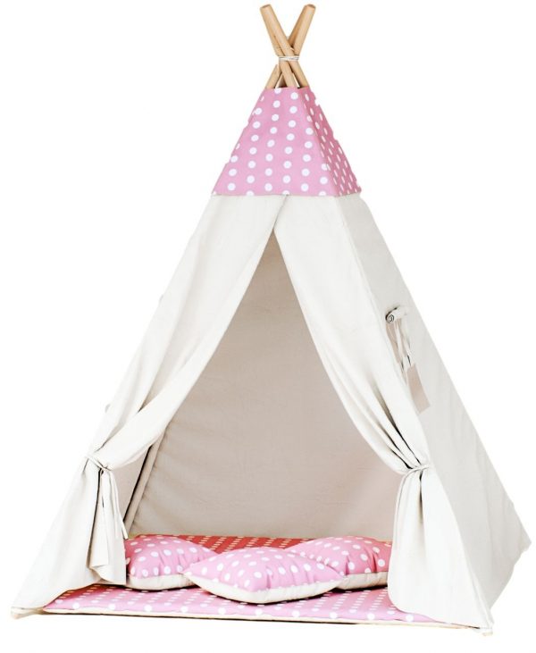 Namiot tipi dla dzieci, bawełna, 110x165 cm, różowy, grochy