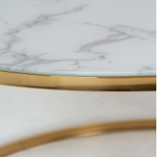 Okrągły szklany stolik glamour. Lula. II 80 cm biały efekt marmuru złote nóżki