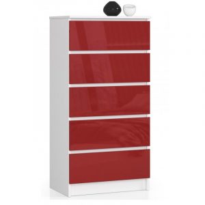 Komoda do sypialni, 5 szuflad, 60x40x121 cm, biel, czerwony, połysk