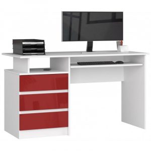 Biurko komputerowe, wolnostojące, szuflady, 135x60x77 cm, biel, czerwony, połysk