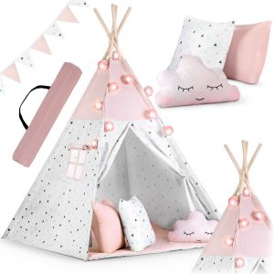 Namiot tipi dla dzieci, z girlandą i światełkami, Nukido, 120x120x165 cm, różowy