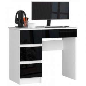 Biurko komputerowe, szkolne, lewe, 90x50x77 cm, biel, czarny, połysk