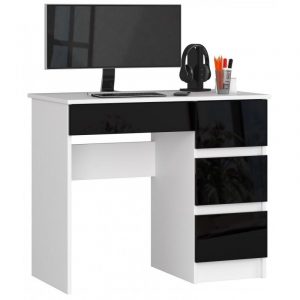Biurko komputerowe, szkolne, prawe, 90x50x77 cm, biel, czarny, połysk