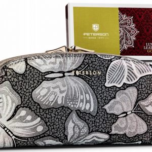 Skórzany portfel damski zdobiony holograficznymi motylami — Peterson