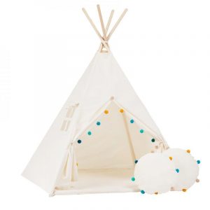 Namiot tipi dla dzieci, bawełna, okienko, poduszka, tęczowy pomponik, 110x160 cm