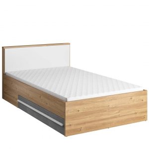 Łóżko pod materac 120x200 cm, szuflady, Plano, biel, szary, dąb nash, mat