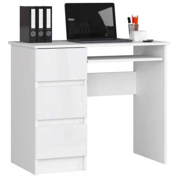 Biurko komputerowe, szuflady, lewe, 90x50x77 cm, biel, połysk