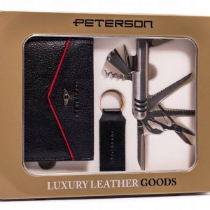 Zestaw prezentowy: duży skórzany portfel męski, scyzoryk i brelok - Peterson
