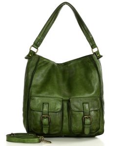Torebka skórzana na ramię z kieszonkami safari leather bag - MARCO MAZZINI zielona