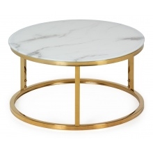 Okrągły szklany stolik glamour. Lula 60 cm biały efekt marmuru złote nóżki