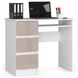 Biurko komputerowe, szuflady, lewe, 90x50x77 cm, biel, cappuccino, połysk