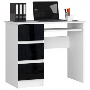 Biurko komputerowe, szuflady, lewe, 90x50x77 cm, biel, czarny, połysk