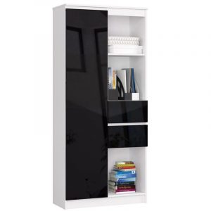 Regał biurowy, półki, szuflady, 80x35x180 cm, biały, czarny, połysk