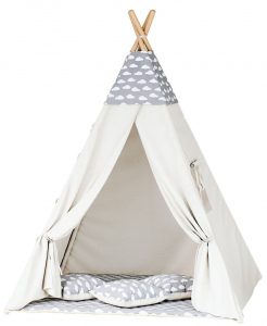 Namiot tipi dla dzieci, bawełna, 110x165 cm, szary, chmurki