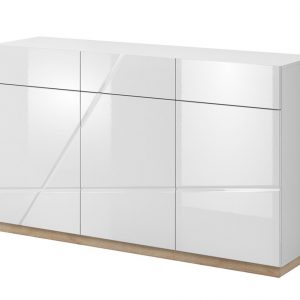 Komoda do salonu, 3 szuflady, Futura, 150x41x91 cm, biel, dąb riviera, połysk