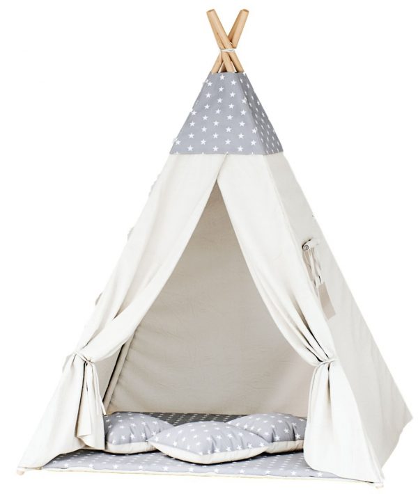 Namiot tipi dla dzieci, bawełna, 110x165 cm, szary, gwiazdki