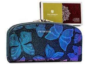 Skórzany portfel damski zdobiony holograficznymi motylami — Peterson