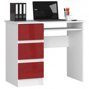 Biurko komputerowe, szuflady, lewe, 90x50x77 cm, biel, czerwony, połysk