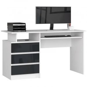 Biurko komputerowe, wolnostojące, szuflady, 135x60x77 cm, biel, czarny, połysk